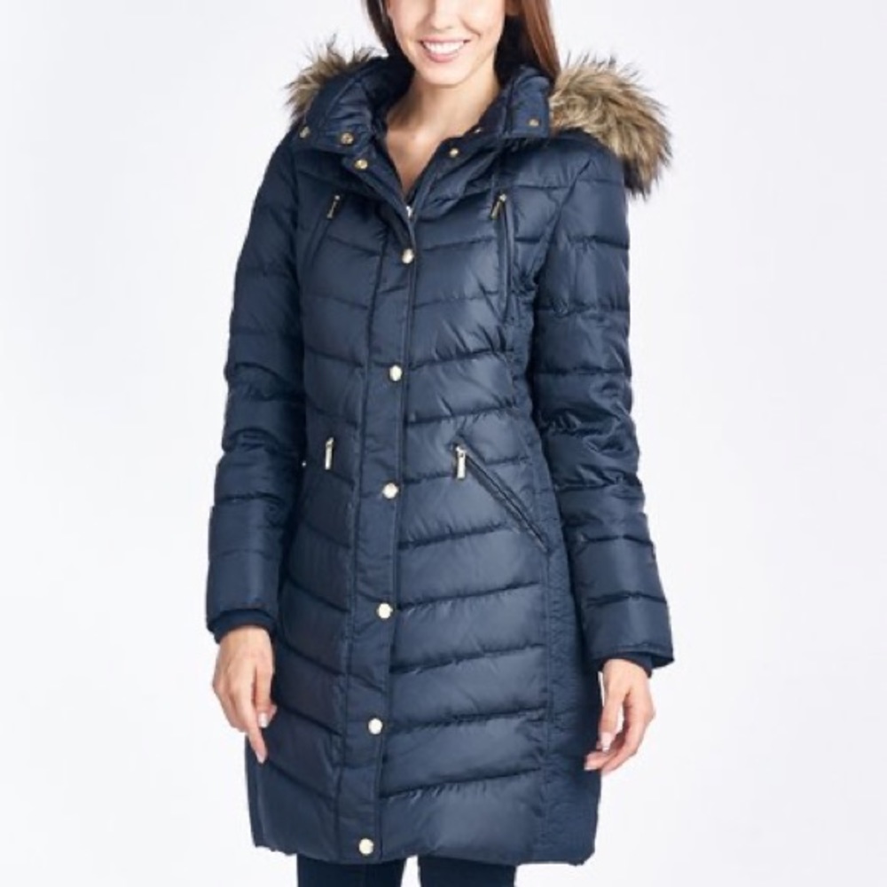 MICHAEL Michae Kors Navy puffer coat fur hood S